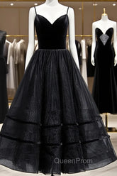 A Line V Neck Tea Length Black Velvet Evening Prom Dresses, Black Tea Length Graduation Homecoming Dresses