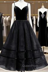 A Line V Neck Tea Length Black Velvet Evening Prom Dresses, Black Tea Length Graduation Homecoming Dresses