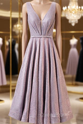 A Line V Neck Tea Length Evening Prom Dresses, Shiny Tea Length Formal Evening Dresses