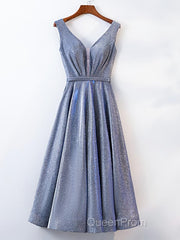 A Line V Neck Tea Length Evening Prom Dresses, Shiny Tea Length Formal Evening Dresses