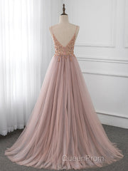 A-Line V Neck Tulle Beading Pink Long Evening Prom Dresses. Pink Formal Dresses