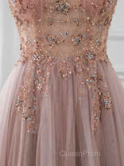 A-Line V Neck Tulle Beading Pink Long Evening Prom Dresses. Pink Formal Dresses