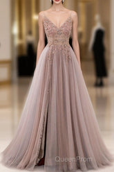 A-Line V Neck Tulle Beading Pink Long Evening Prom Dresses. Pink Formal Dresses