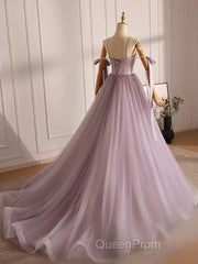 A-Line V Neck Tulle Beads Purple Long Evening Prom Dresses, Purple Long Formal Dresses