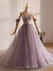 A-Line V Neck Tulle Beads Purple Long Evening Prom Dresses, Purple Long Formal Dresses