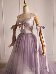 A-Line V Neck Tulle Beads Purple Long Evening Prom Dresses, Purple Long Formal Dresses