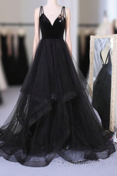 A Line V Neck Tulle Black Ball Gown, Black Evening Prom, Black Formal