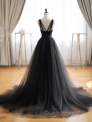 A-Line V Neck Tulle Black Long Evening Prom Dresses