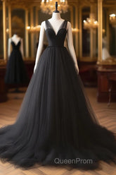 A-Line V Neck Tulle Black Long Evening Prom Dresses, Black Long Evening Dresses