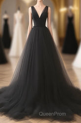 A-Line V Neck Tulle Black Long Evening Prom Dresses