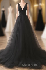 A-Line V Neck Tulle Black Long Evening Prom Dresses