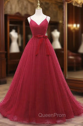 A-Line V Neck Tulle Burgundy Long Evening Prom Dresses, Burgundy Evening Dresses