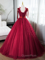 A-Line V Neck Tulle Burgundy Long Evening Prom Dresses, Burgundy Long Evening Dresses
