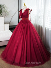 A-Line V Neck Tulle Burgundy Long Evening Prom Dresses, Burgundy Long Evening Dresses