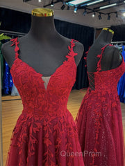 A-Line V Neck Tulle Lace Burgundy Long Evening Prom Dresses, Burgundy Long Evening Dresses