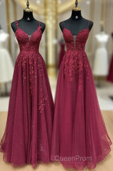 A-Line V Neck Tulle Lace Burgundy Long Evening Prom Dresses, Burgundy Long Evening Dresses