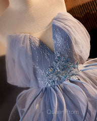 A-Line V Neck Tulle Lace Gray Blue Long Evening Prom Dresses, Blue Long Sweet 16 Dresses