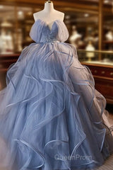 A-Line V Neck Tulle Lace Gray Blue Long Evening Prom Dresses, Blue Long Sweet 16 Dresses