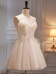 A-Line V Neck Tulle Light Champagne Short Evening Prom Dresses, Champagne Homecoming Dresses