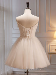 A-Line V Neck Tulle Light Champagne Short Evening Prom Dresses, Champagne Homecoming Dresses