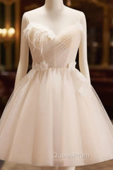 A-Line V Neck Tulle Light Champagne Short Evening Prom Dresses, Champagne Homecoming Dresses