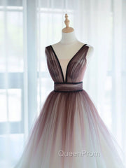 A-Line V Neck Tulle Long Brown Evening Prom Dresses, Tulle Long Evening Dresses