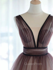 A-Line V Neck Tulle Long Brown Evening Prom Dresses, Tulle Long Evening Dresses