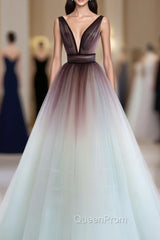 A-Line V Neck Tulle Long Brown Evening Prom Dresses, Tulle Long Evening Dresses