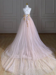 A-Line V Neck Tulle Pink Long Evening Prom Dresses, Pink Tulle Long Formal Dresses