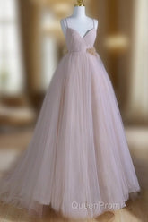 A-Line V Neck Tulle Pink Long Evening Prom Dresses, Pink Tulle Long Formal Dresses