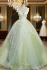 A-Line V Neck Tulle Sage Green Long Evening Prom Quinceanera Dresses
