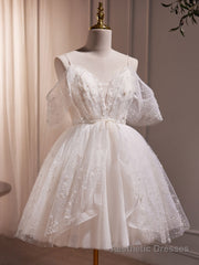 A-Line V Neck Tulle Short Beige Prom Dress, Cute Beige Homecoming Dress