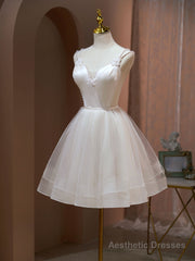 A Line v neck tulle Short Beige Prom Dresses, Cute Puffy Beige Homecoming Dresses With Beading