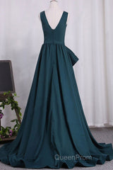 A Line V Neck V Back Green Satin Long Evening Prom Dresses, Long Green Formal Evening Dresses