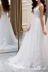 A Line V Neck White Lace Long Evening Prom Dresses, White Lace Wedding Dresses, White Formal Evening Dresses