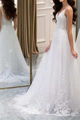 A Line V Neck White Lace Long Evening Prom Dresses, White Lace Wedding Dresses, White Formal Evening Dresses