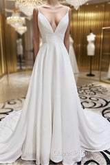 A Line V Neck White Wedding Dresses with Lace Back, White V Neck Evening Prom Formal Dresses
