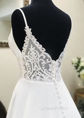 A Line V Neck White Wedding Dresses with Sweep Train, White Evening Prom Dresses