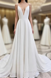 A Line V Neck White Wedding Dresses with Sweep Train, White Evening Prom Dresses