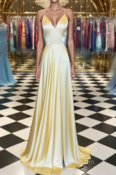 A Line V Neck Yellow Long Evening Prom Dresses, Yellow Long Backless Formal Evening Dresses