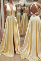 A Line V Neck Yellow Satin Long Evening Prom Dresses, V Neck Backless Yellow Formal Evening Dresses
