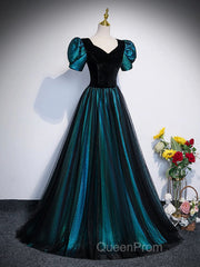 A-Line Velvet And Tulle Long Evening Prom Dresses, Short Sleeve Party Dresses Formal Dresses
