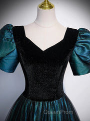 A-Line Velvet And Tulle Long Evening Prom Dresses, Short Sleeve Party Dresses Formal Dresses