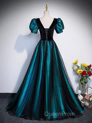 A-Line Velvet And Tulle Long Evening Prom Dresses, Short Sleeve Party Dresses Formal Dresses