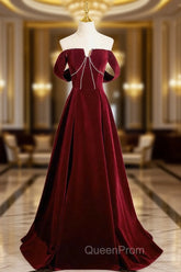 A-Line Velvet Burgundy Long Evening Prom Dresses, Burgundy Long Evening Dresses