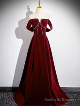 A-Line Velvet Burgundy Long Prom Dress, Burgundy Long Formal Dress
