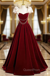 A-Line Velvet Floor Length Evening Prom Dresses, Burgundy Off the Shoulder Evening Party Dresses