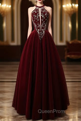 A-Line Velvet Sequin Beads Burgundy Long Evening Prom Dresses, Burgundy Long Evening Dresses