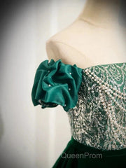 A-Line Velvet Sequin Beads Green Long Evening Prom Dresses Evening Dresses Elegant