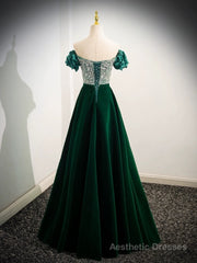 A-Line Velvet Sequin Beads Green Long Prom Dress, Green Velvet Long Formal Dress